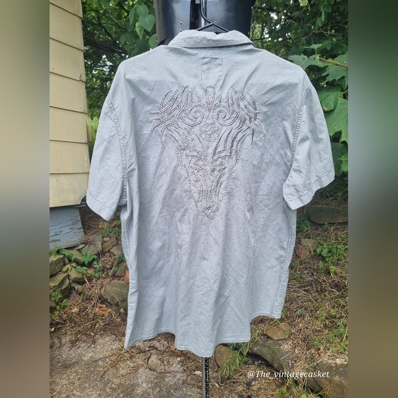Route 66 Y2K tribal embroidered gray button down men's shirt - Picture 2 of 4